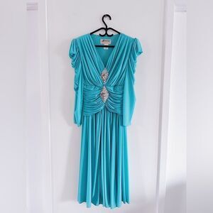 Vintage Adina J Fashion turquoise Ruffled pleated Midi formal Dress